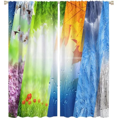 Beaux Rideaux Quatre Saisons, Printemps Ete Automne Hiver Sur Des Rideaux Occultants A Passe-Tringle En Bois Raye Pour Chambre A Coucher, Rideaux De Chambre Assombrissants