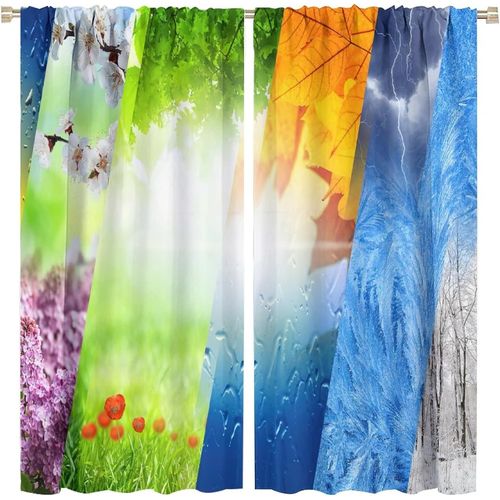 Beaux Rideaux Quatre Saisons, Printemps Ete Automne Hiver Sur Des Rideaux Occultants A Passe-Tringle En Bois Raye Pour Chambre A Coucher, Rideaux De Chambre Assombrissants