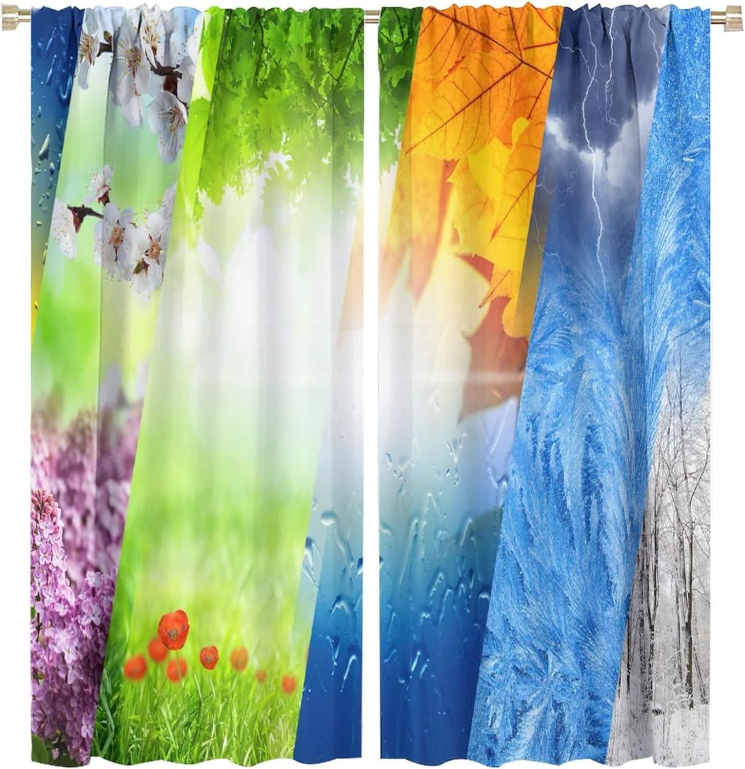 Beaux Rideaux Quatre Saisons, Printemps Ete Automne Hiver Sur Des Rideaux Occultants A Passe-Tringle En Bois Raye Pour Chambre A Coucher, Rideaux De Chambre Assombrissants