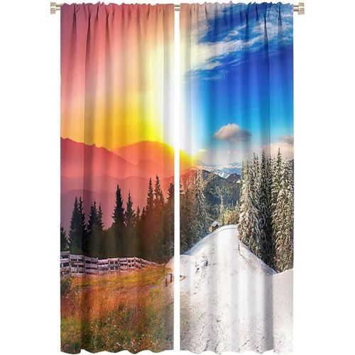 Beaux Rideaux Quatre Saisons, Printemps Ete Automne Hiver Sur Des Rideaux Occultants A Passe-Tringle En Bois Raye Pour Chambre A Coucher, Rideaux De Chambre Assombrissants