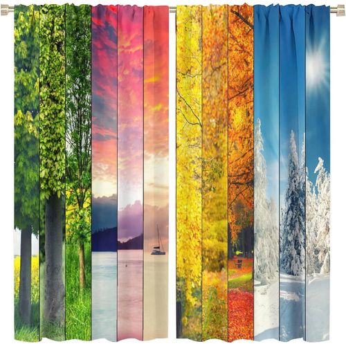 Beaux Rideaux Quatre Saisons, Printemps Ete Automne Hiver Sur Des Rideaux Occultants A Passe-Tringle En Bois Raye Pour Chambre A Coucher, Rideaux De Chambre Assombrissants