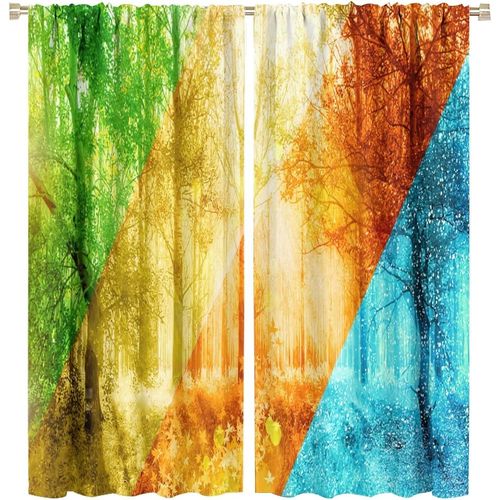 Beaux Rideaux Quatre Saisons, Printemps Ete Automne Hiver Sur Des Rideaux Occultants A Passe-Tringle En Bois Raye Pour Chambre A Coucher, Rideaux De Chambre Assombrissants