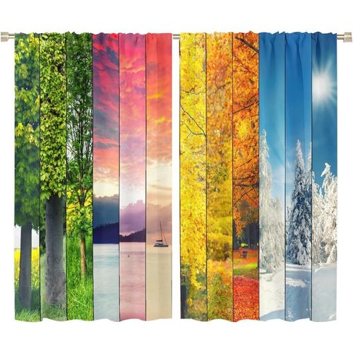 Beaux Rideaux Quatre Saisons, Printemps Ete Automne Hiver Sur Des Rideaux Occultants A Passe-Tringle En Bois Raye Pour Chambre A Coucher, Rideaux De Chambre Assombrissants