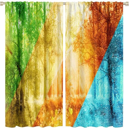 Beaux Rideaux Quatre Saisons, Printemps Ete Automne Hiver Sur Des Rideaux Occultants A Passe-Tringle En Bois Raye Pour Chambre A Coucher, Rideaux De Chambre Assombrissants