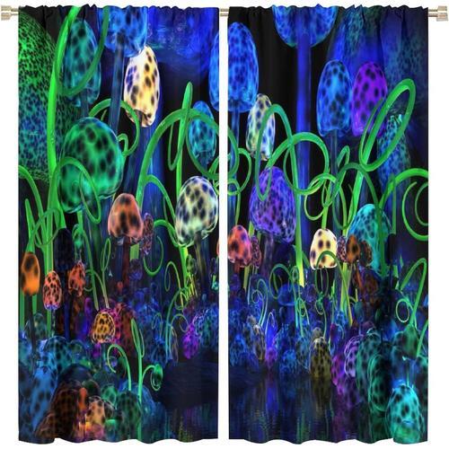 Rideaux De Champignons Magiques, Rideaux Occultants De Champignons Psychedeliques Colores Neon Fantasy Earth Pour Chambre A Coucher, Rideaux De Fenetre A Passe-Tringle