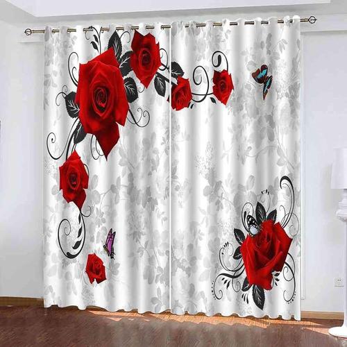 Rideaux De Fenetre Papillon Pour Chambre A Coucher, Rideaux Imprimes Roses Rouges, Rideaux De Fenetre A ?Illets Pour Porte Coulissante En Verre, Salon, Chambre D'enfant Pour Filles