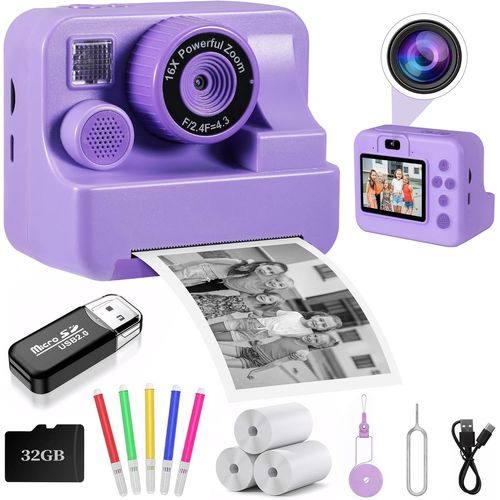 anwxai-Appareil Photo Instantané Pour Enfants-Impression Instantanée-Selfie-2,4""-1080P Hd-Pour Filles De 4,5,6,7,8,9,10 Ans-Cadeau D'Anniversaire Avec 3 Rouleaux De Papier Photo Et Carte De
