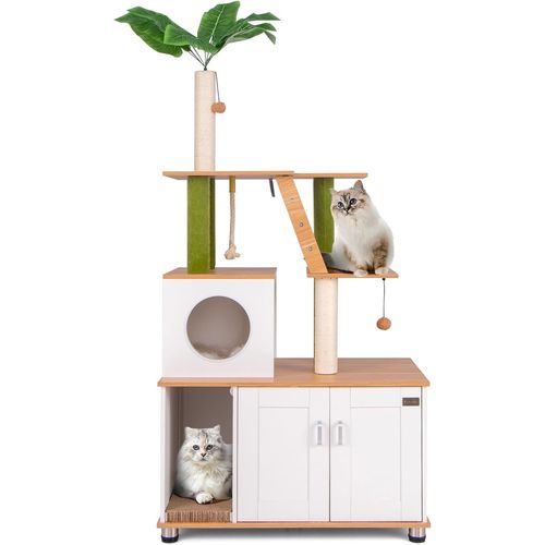 Anwxai-Arbre À Chat De 175cm Avec Armoire À Chat,Griffoir,Entrée,Balle De Jeu,Échelle,Plante Artificielle,Grand Avec Grotte,Meubles Pour Chat Naturel Et Vert