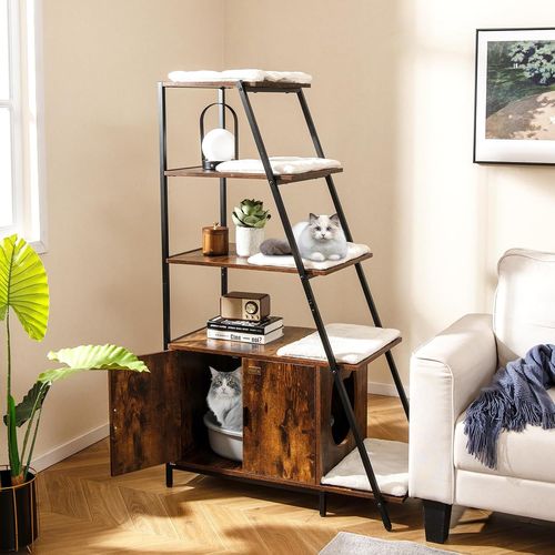 Anwxai-Arbre À Chat Bibliothèque Avec Meuble Litière Chat,5 Niveaux Cadre Métallique,5 Coussins Lavables,Kit Anti-Basculement,Armoire Pour Toilette Cachée,92,5x49x149cm(Marron)