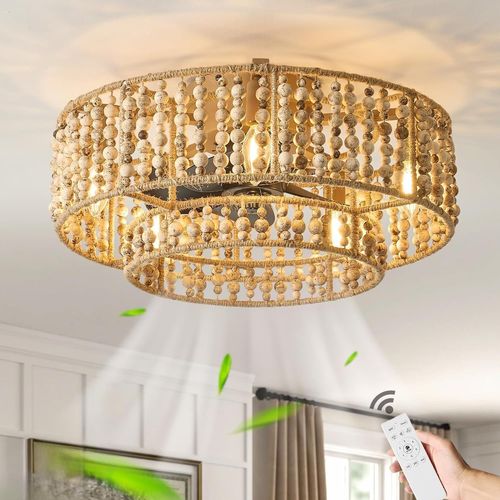 Vintage Wood Ceiling Fan With Light And Remote Control E14 Fan Ceiling Lamp Natural Woven Cord Hemp Fan Ceiling Light For Bedroom Living Room,6 Speeds Silent