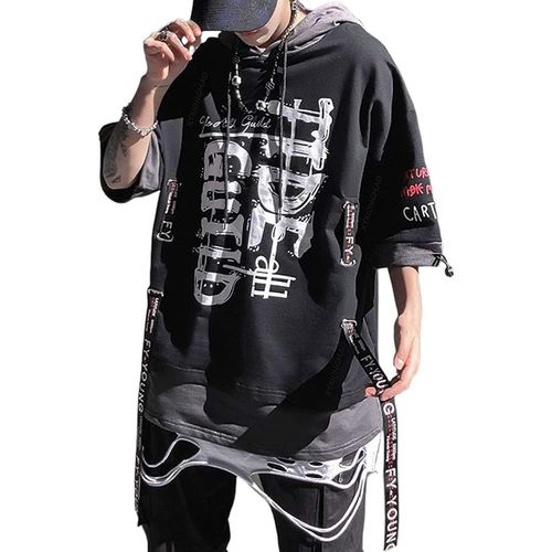 Techwear Mens Japanese Streetwear Hip Hop Alphabet Hoodie Shirt