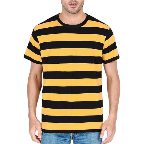 Men Cotton T-Shirts Wide Stripe Crew Neck Basic Casual Top