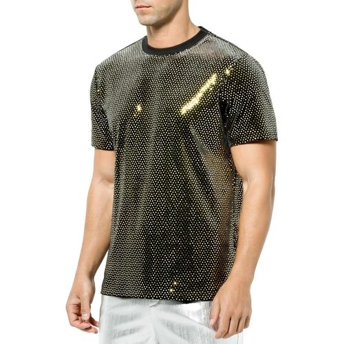 Men's Sequins T-Shirt, Glitter T-Shirts For Men, Disco Party Short Sleeves, Men's Disco Stage Shirt