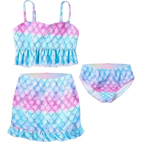 Girls Swimsuit 3 Piece Bikini Set Ruffle Mermaid Tankini With Skirt Cute Quick Dry Summer Swimsuit For Kids 6-8 Years,Blue,One Size