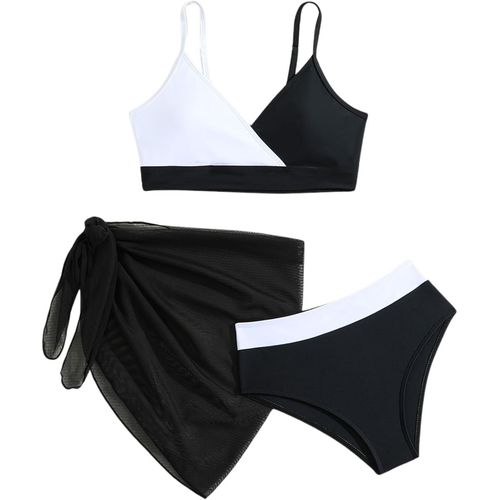 Swimming Costume For Girl 3 Piece Bikini Set Teens Color Block Swimsuit With Cover Up Kid Bathing Suit