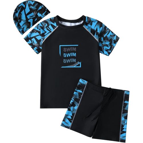 Boy's Swimsuit,Short Sleeve Swimsuit & Swimsuit And Swimming Cap,Two Piece Swimsuit Set With Short T-Shirt,Summer Swimsuit
