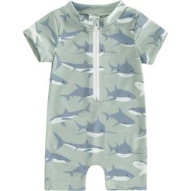 Kids Rashguard Short Sleeve Zip Up Whale Dinosaur Print Swimsuit
