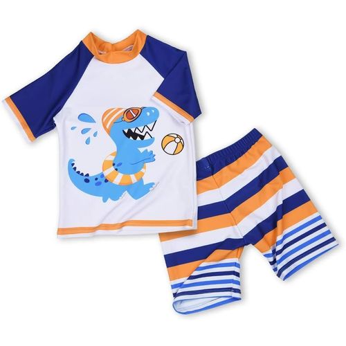 4years Toddler Boy 2-Piece Dinosaur Swimsuit Trunk And Rashguard Kids T-Rex Printed Swimsuit Shorts Sets,White,110