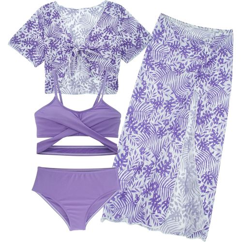 4 Piece Swimsuit Set For Children Girls With Tropical Print Skirt Swimming Beach Clothes