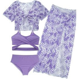 4 Piece Swimsuit Set For Children Girls With Tropical Print Skirt Swimming Beach Clothes