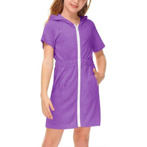 Poncho De Bain Pour Enfant À Capuche Avec Poches,Taille Élastique,Fermeture Éclair,Serviette De Surf,120-160 Cm,Taille Élastique-Violet,130 Cm