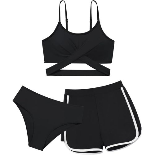 Girls 3 Piece Bikini Set With Shorts,Cross Straps And Adjustable Spaghetti Straps,Beach Swimwear Size 8 9 10-12 12-14 15 16 Years