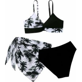 Girls 3 Piece Tankini Swimsuit Cover Up Swimwear Floral Black 10-12 Years,Black,10-12 Years