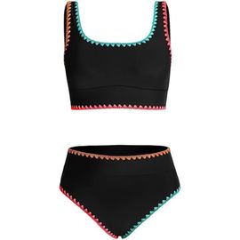 Girls Two Piece Swimsuits Black Color Block Swimwear For Teen Girls 7-16 Years