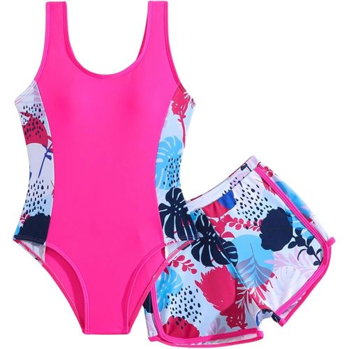 Maillot De Bain Une Pièce Pour Fille Avec Short-Motif Floral,Rouge,10-12 Ans