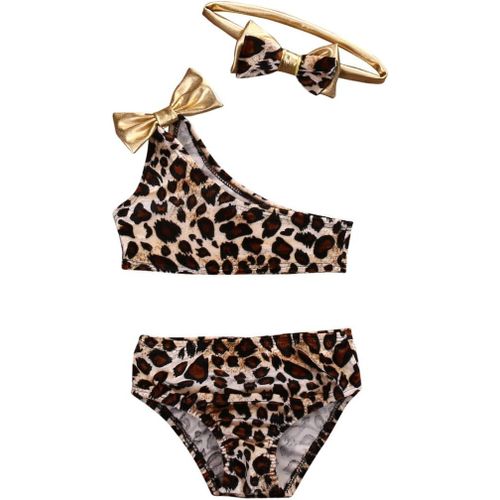 3 Pieces Swimsuit For Girls Strapless Bikini Leopard Print Girl Sea Suit Top Bikini + Bottom Bikini With Bowknot+ Headband