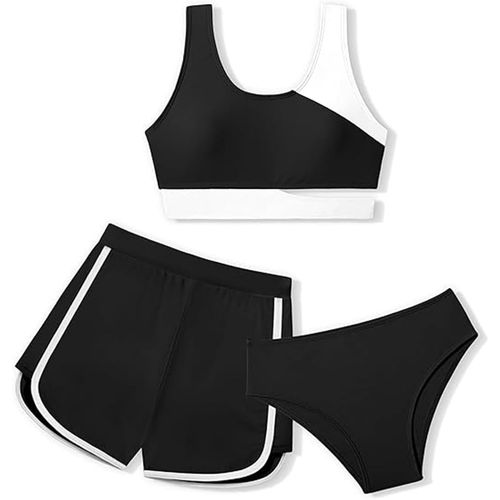 Girls 3 Piece Swimsuit Contrast Color Shorts Swimming Trunks For Teen