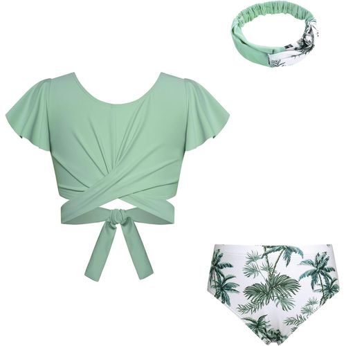 Girls 3 Piece Swimsuit With Ruffle Top And Short Sleeve Swim Shorts And Headband-Coconut Tree White/Green,7t