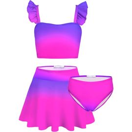 Girls 3 Piece Bikini Set Mermaid Ruffle Tankini With Skirt Swimsuit For Kids 5-12 Years