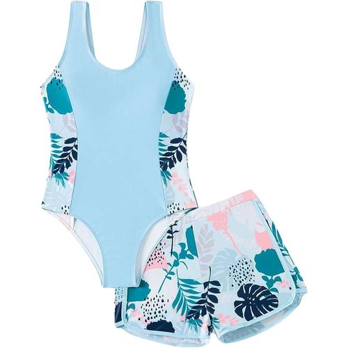 Maillot De Bain Une Pièce Pour Fille Avec Short-Motif Floral,Bleu,3-4 Ans