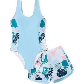 Maillot De Bain Une Pièce Pour Fille Avec Short-Motif Floral,Bleu,3-4 Ans