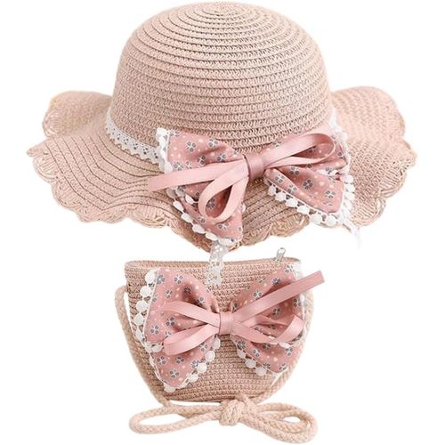 2 Piece Girl's Sun Hat And Straw Knit Bag,Small Bag With Pink Bow Tie Decoration Straw Hats Beach Summer Sun Hat For Outdoor Travel Accessories