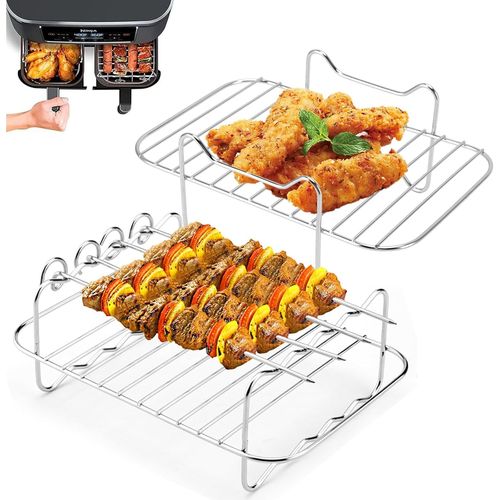 Grille Air Fryer en Acier Inoxydable 304 Kit,Grille pour Air Fryer pour Grille Air Fryer Ninja 10.4l,Compatible Avec La Plupart Des Friteuses à Air AF300EU AF400EU,Avec 4 Brochettes