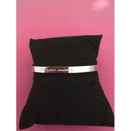 Idée Cadeau 🎁 , Bracelet Jonc Argent, Avec Inscription De Chaque Côté Super Maman, Peut Rester Au Poignet, 5 Mm De Largeur , Livrée Avec Sa Pochette Cadeau 