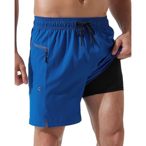 Men's Swimming Shorts 2 In 1 Waterproof Beach Shorts With Zip Pockets And Compression Lining For Summer Beach Or Swimming Pool