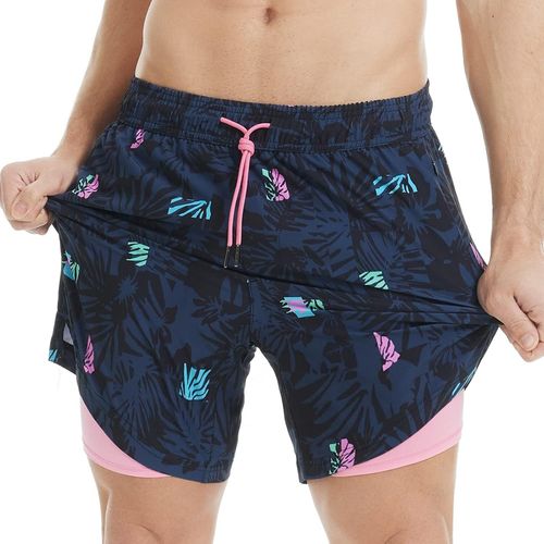 Men's 2 In 1 Quick Dry Swim Shorts With Lining | Quick Dry Casual Swimming Shorts Boardshorts With Inner Pants And Pocket,Flowers Spotlight Black 7,L