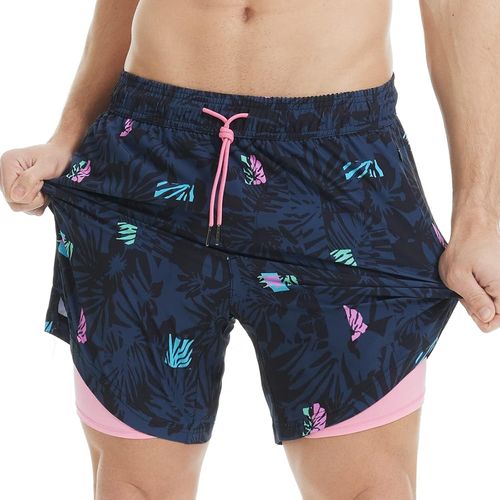 Men's 2 In 1 Quick Dry Swim Shorts With Lining | Quick Dry Casual Swimming Shorts Boardshorts With Inner Pants And Pocket,Flowers Spotlight Black 7,L