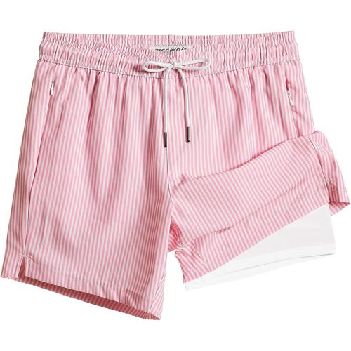 Men's Swimming Trunks With Compression 2 In 1 | 5.5 Inches Quick Dry Casual Swimming Shorts Boardshorts With Inner Pants And Pocket,Pink And White Stripes,L,Pink And White Stripes,L