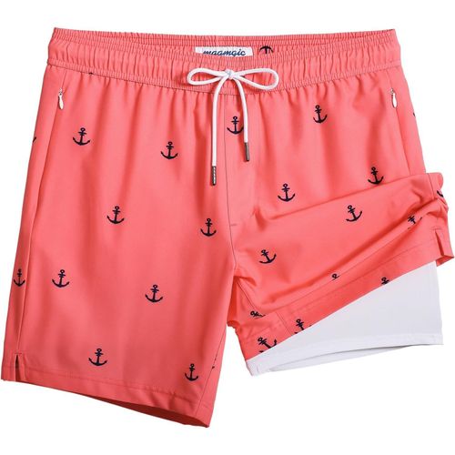 Men's 2 In 1 Quick Dry Swim Shorts With Lining | Quick Dry Casual Swimming Shorts Boardshorts With Inner Pants And Pocket,Pink,L