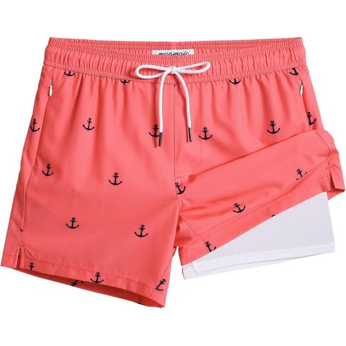 Men's Swimsuit With Compression Swim Shorts 2 In 1 | 5.5 Inches Quick Dry Casual Swimming Shorts Boardshorts With Inner Pants And Pocket,Encore Pink 5.5,L,Encore Pink 5.5,L