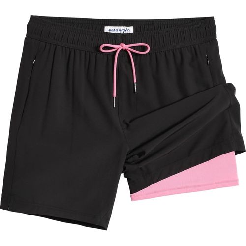 Men's 2 In 1 Quick Dry Swim Shorts With Lining | Quick Dry Casual Swimming Shorts Boardshorts With Inner Pants And Pocket,Black Pink 7,Xxl