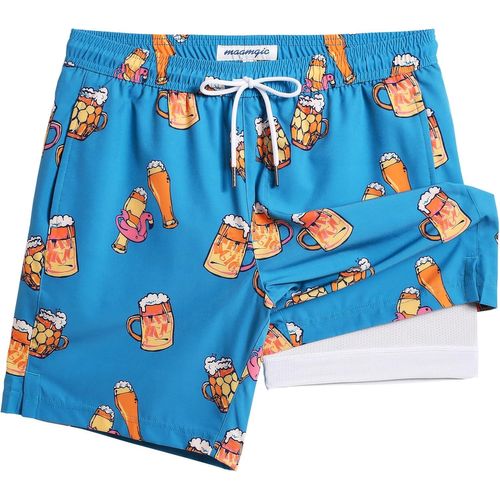 Men's 2 In 1 Quick Dry Swim Shorts With Lining | Quick Dry Casual Swimming Shorts Boardshorts With Inner Pants And Pocket,New Flamingo Beer Blue 7,L