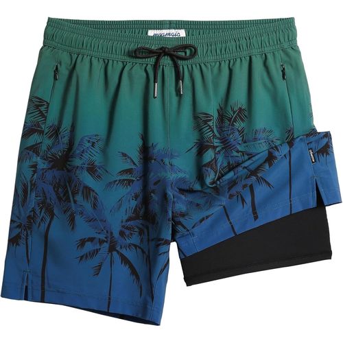 Men's 2 In 1 Quick Dry Swim Shorts With Lining | Quick Dry Casual Swimming Shorts Boardshorts With Inner Pants And Pocket,Coconut - Dark Green 7,L