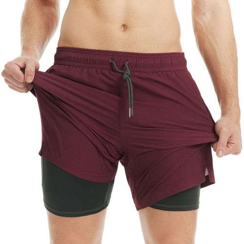 Men's 2 In 1 Quick Dry Swim Shorts With Lining | Quick Dry Casual Swimming Shorts Boardshorts With Inner Pants And Pocket,Red Green 7,L