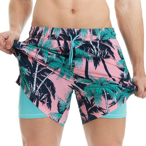 Men's Swimming Trunks With Compression 2 In 1 | 5.5 Inches Quick Dry Casual Swimming Shorts Boardshorts With Inner Pants And Pocket,Pink And Green Trees,M,Pink And Green Trees,M