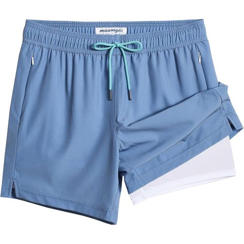 Men's Swimming Trunks With Compression 2 In 1 Swim Shorts | 5.5 Inches Quick Dry Casual Swimming Shorts Boardshorts With Inner Pants And Pocket,Blue Grey White,L,Blue Grey White,L